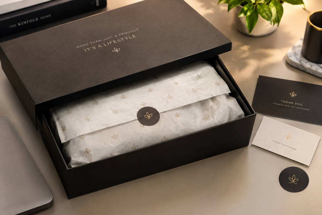 E-commerce unboxing experience showcasing custom packaging boxes, tissue papers, and branded stickers