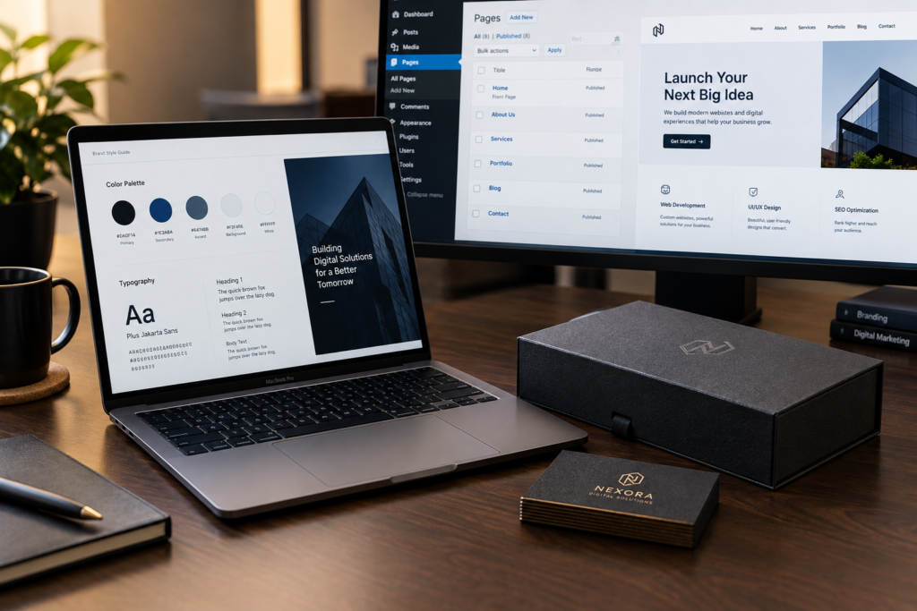 A professional small business branding setup featuring custom packaging, consistent design, and a polished website