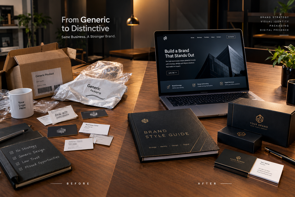 A professional Small Businesses branding consultation setup comparing poor design mistakes with sleek custom packaging and cohesive web branding