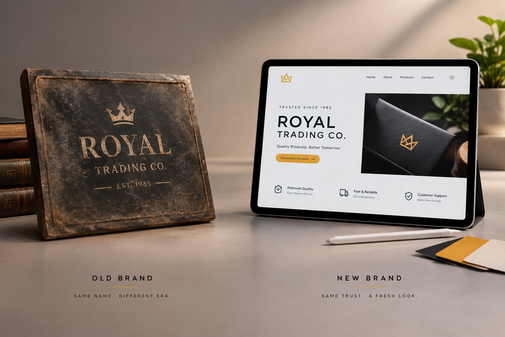 A conceptual studio photograph comparing an antique vintage logo plaque with a modern tablet displaying a contemporary brand identity refresh, symbolizing Small Businesses evolution