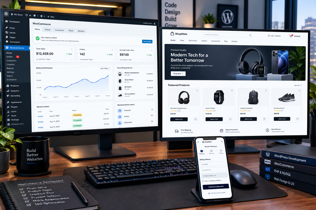 Professional WordPress and WooCommerce sites development setup for modern businesses