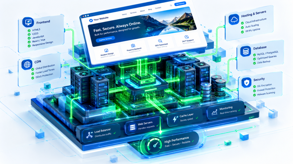 Illustration representing backend website health and server infrastructure driving technical SEO performance