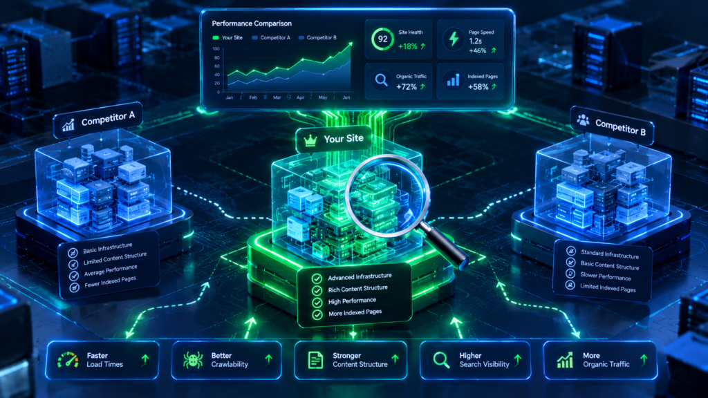 Illustration visualizing competitive analysis of website backend architecture during an SEO audit