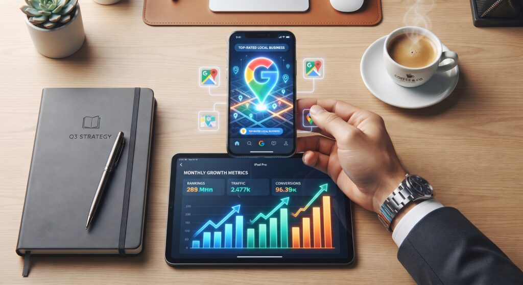 Business tablet and smartphone showing local map rankings and performance analytics for local SEO success.