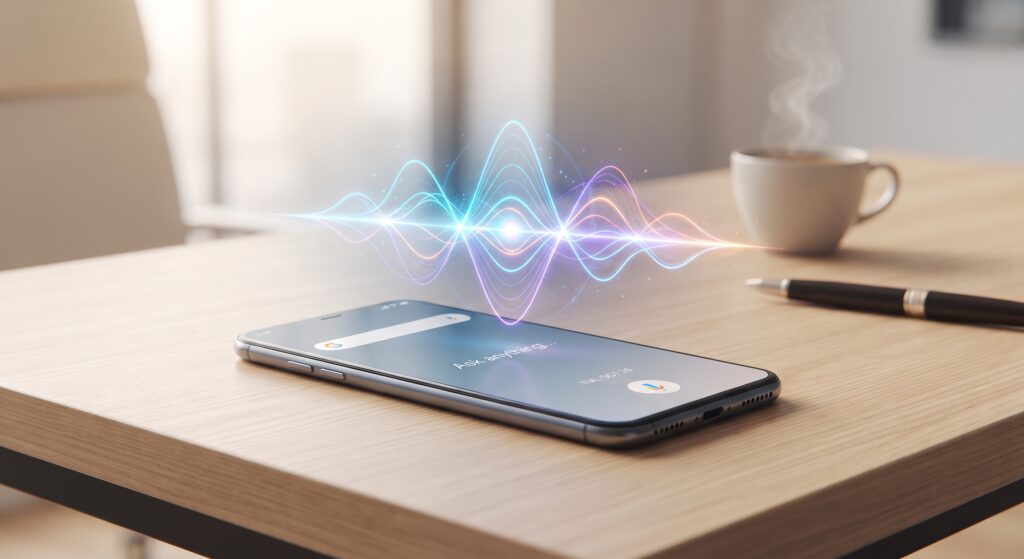 Smartphone displaying a sound wave graphic to illustrate voice search and conversational query optimization.