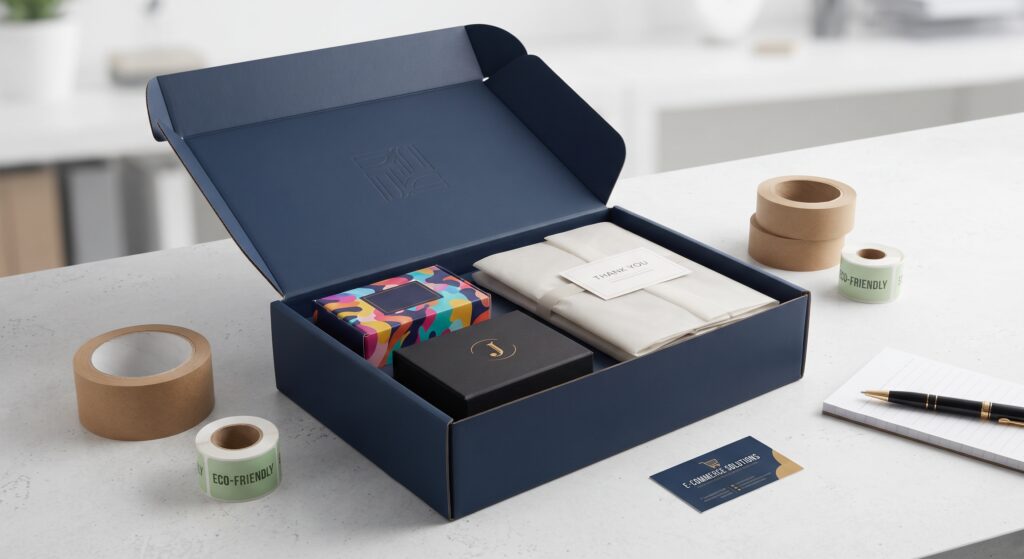 Custom navy blue ecommerce packaging box with branded tape and tissue paper on a clean white desk.