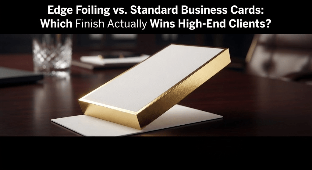 A high-end studio shot comparing edge-foiled business cards with standard cards on a luxurious executive desk, illustrating the theme of winning high-end clients.